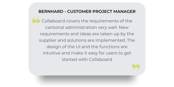 „Das Team von Collaboard hat von der Idee bis zur Umsetzung, stets professionell und effizient die Wünsche des Kantons Bern umgesetzt. Die Zusammenarbeit innerhalb des Kernteams war immer lösungso „Das Team von Collaboard hat von der Idee bis zur Umsetzung, stets professionell und effizient die Wünsche des Kantons Bern umgesetzt. Die Zusammenarbeit innerhalb des Kernteams war immer lösungso