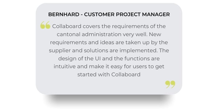 „Das Team von Collaboard hat von der Idee bis zur Umsetzung, stets professionell und effizient die Wünsche des Kantons Bern umgesetzt. Die Zusammenarbeit innerhalb des Kernteams war immer lösungso „Das Team von Collaboard hat von der Idee bis zur Umsetzung, stets professionell und effizient die Wünsche des Kantons Bern umgesetzt. Die Zusammenarbeit innerhalb des Kernteams war immer lösungso
