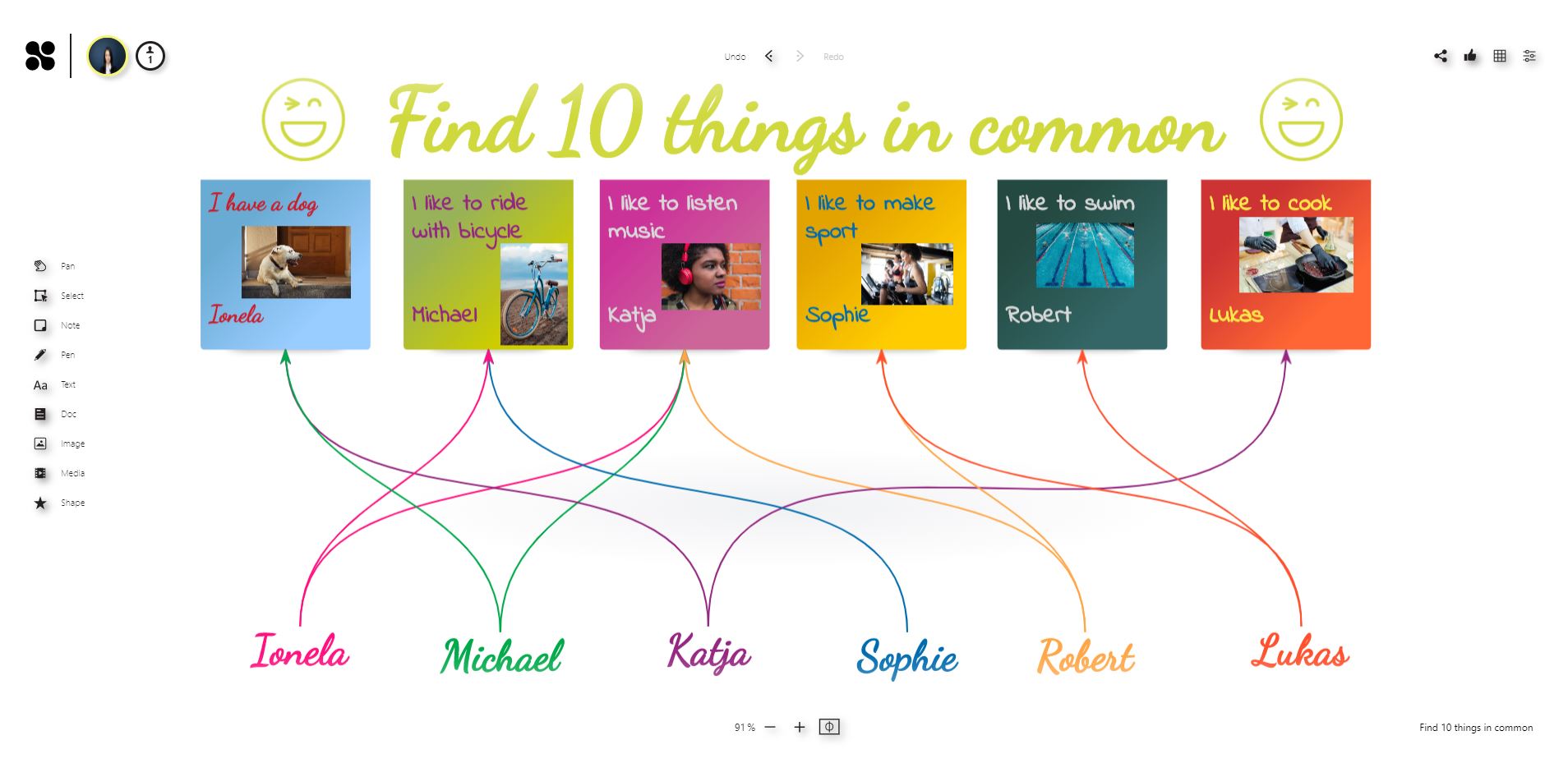 Ice breaker on the online whiteboard: Find 10 things in common 