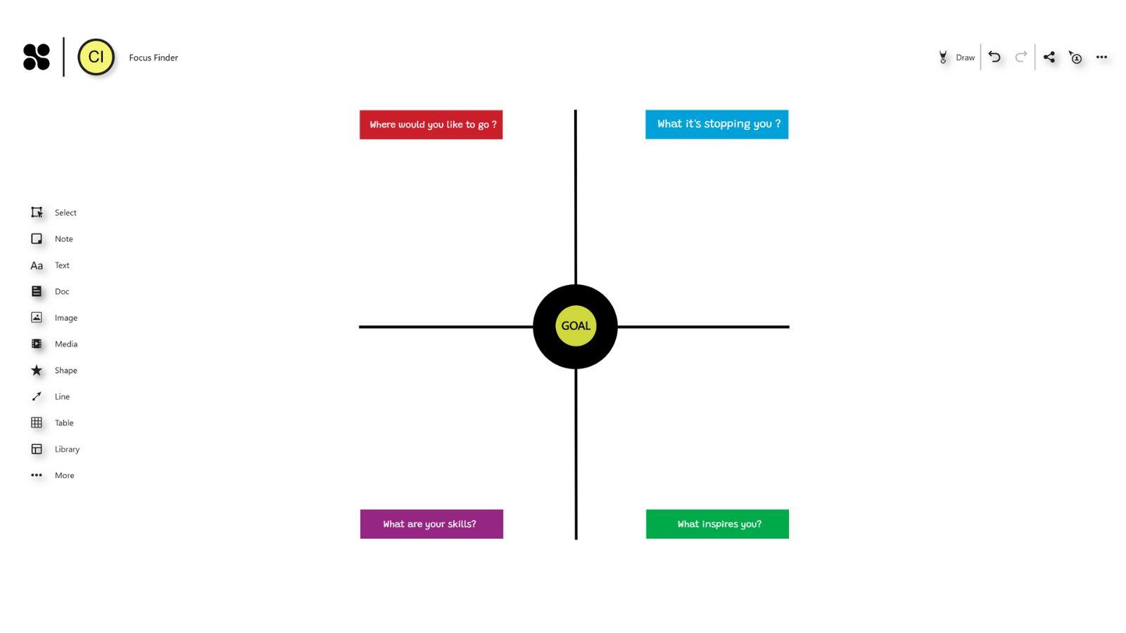 Goal setting template with a central circle labeled 'GOAL' and four quadrants asking questions Where would you like to go?', 'What is stopping you?', 'What are your skills?', and 'What inspires you?'.