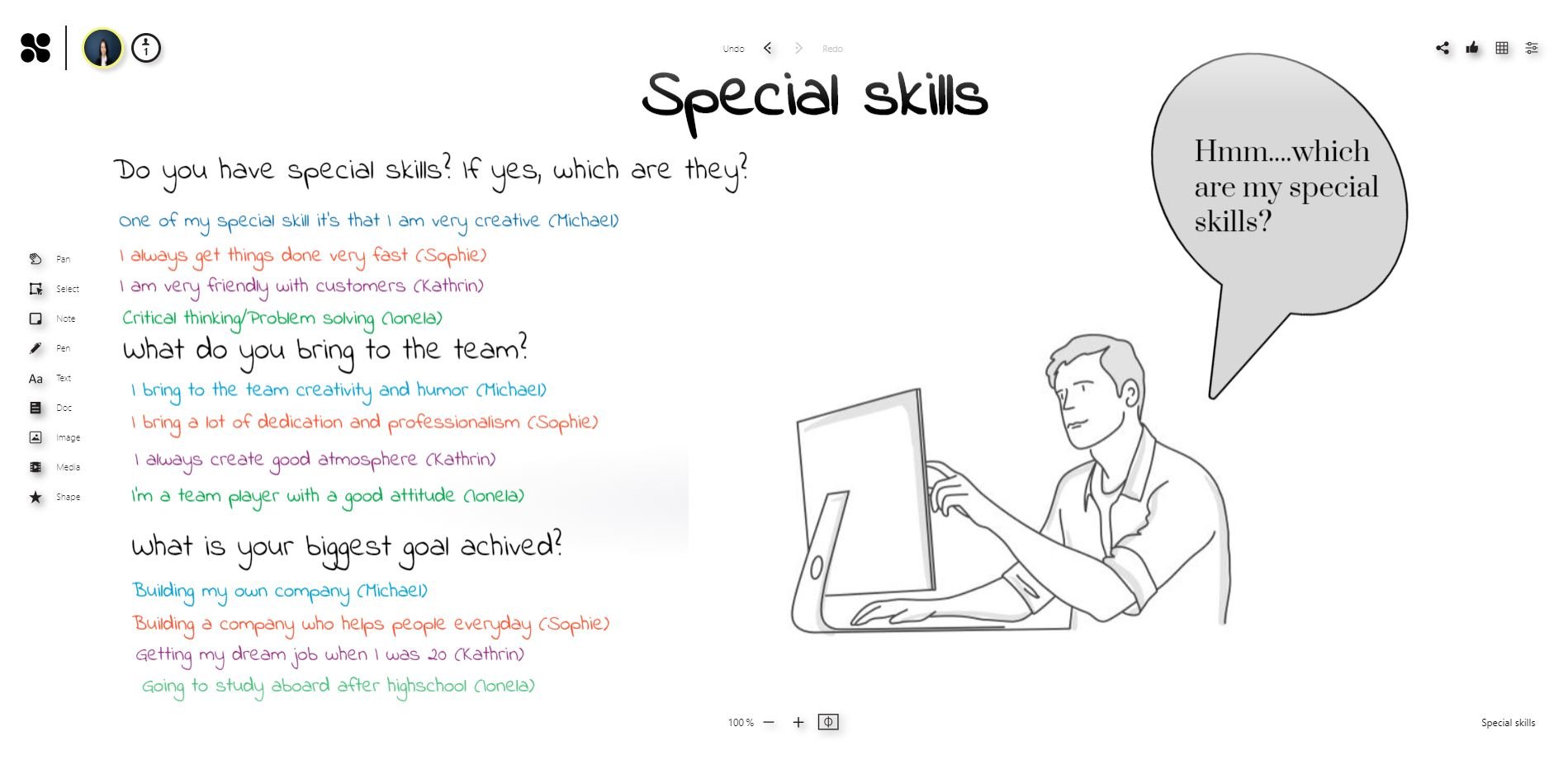 Ice breaker on the online whiteboard: Special skills